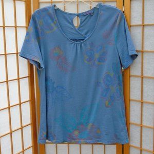 FRESH PROCUDE Isabel T Summer Floral cotton knit Deep Dive blue *EUC*